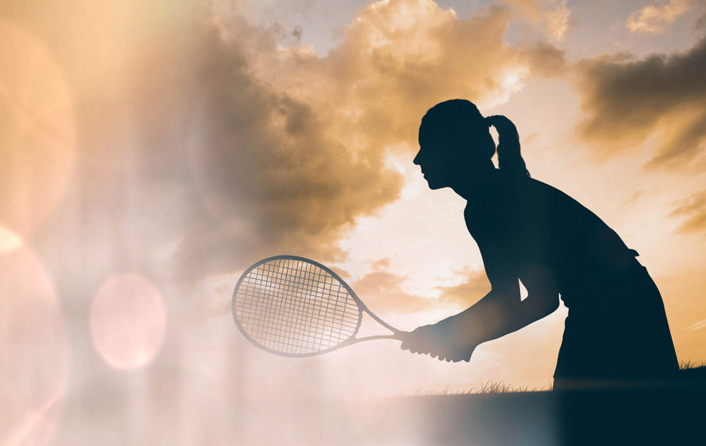 Woman tennis player silhouette and peach bokeh transition