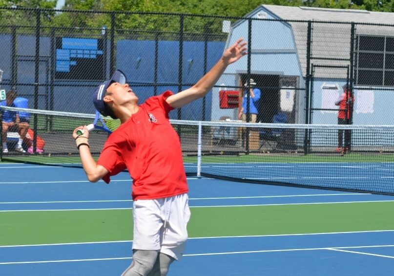 Hudson Tseng serves during the second round of the IHSA state tournament, where the Timothy Christian sophomore finished as the Class 1A state champion.
<br><i>Photo by Jeff Vorva</i>