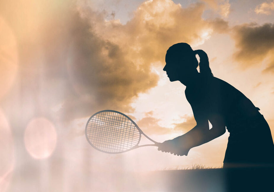 Woman tennis player silhouette and peach bokeh transition