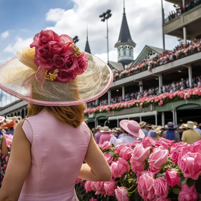 woman in hat on the terrace Kentucky Derby promotion - made with