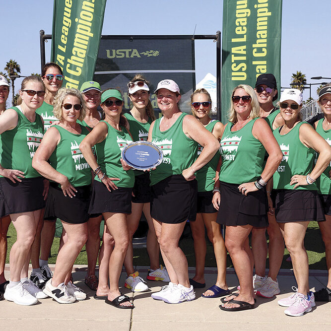 October 29, 2023 – (left to right) Maureen Porter, Karen Materick, Louise Burnison, Molly McGinnis, Tracy Richards, Angela Lukas, Abigail Emerson, Nancy Cushing, Tracie Wilcox, Ann Murtaugh, Rachel Corrough, Jennifer Langtry and Colleen Stover of the Midwest section came in second place in the Adult 40 &amp; Over 4.0 Women League National Championship at the Barnes Tennis Center in San Diego, California.